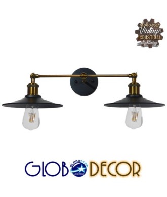 GLOBOSTAR® MINIMALL 01069 Vintage Φωτιστικό Τοίχου - Απλίκα με Ντουί 2 x E27 AC 220-240V IP20 - Μαύρο & Χρυσό - Μ30 x Π60 x Υ18cm